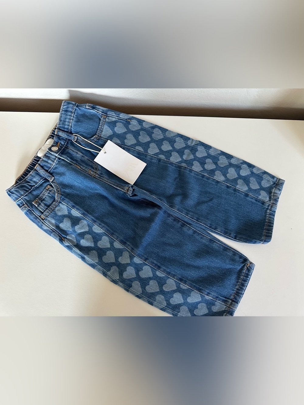 Zara Girks Blue Heart-Print Denim Jeans Sz 3yrs